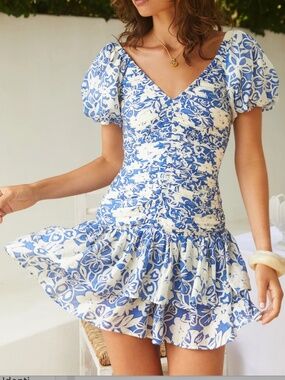 Blue and White Floral Puff-Sleeve Mini Dress
